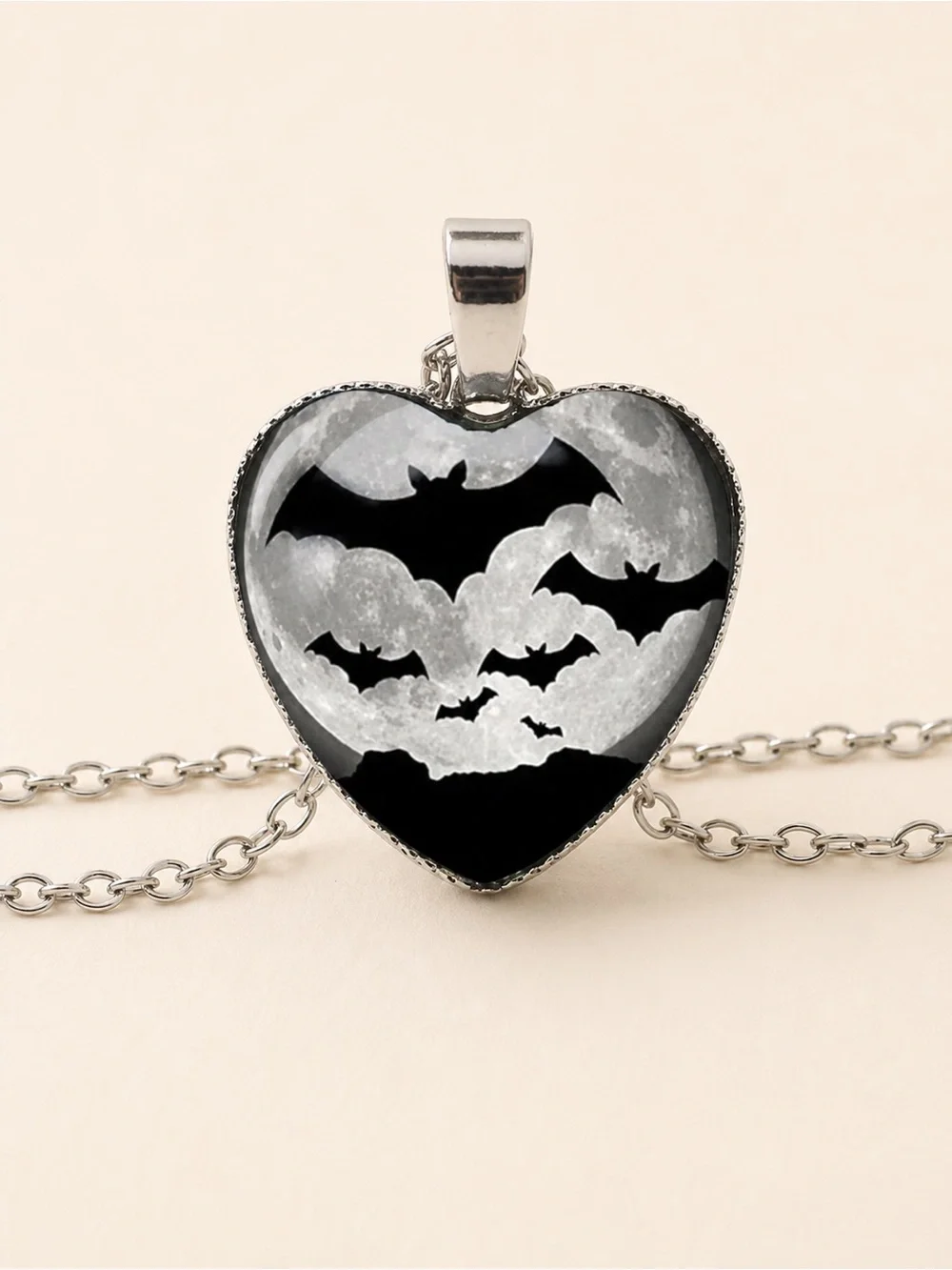 Dome Shape Heart Silver & Black Bat Necklace – Gothic Moon Glass Pendant